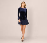 Long Sleeve Drop Waist Velvet Taffeta Dress In Midnight 8