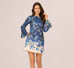 Bell Sleeve Floral Short Sheath Dress In Navy Multi 3