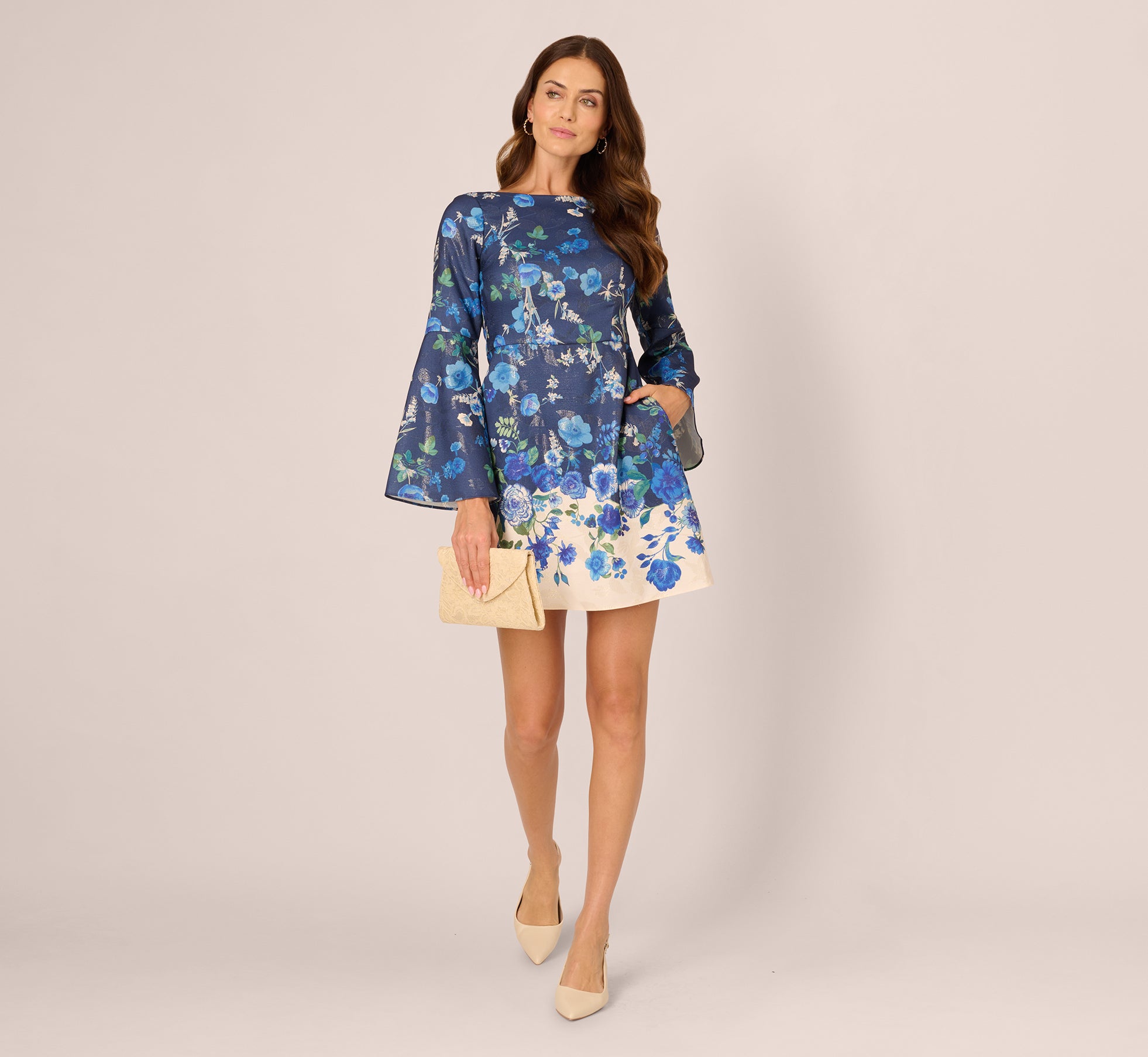 Multi Colored Bell Sleeve Floral Short Sheath Dress - Adrianna Papell Multi Colored Bell Sleeve Floral Short Sheath Dress - Adrianna Papell