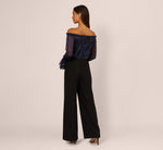 Long Sleeve Off Shoulder Metallic Combo Jumpsuit In Navy Black 6