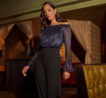 Long Sleeve Off Shoulder Metallic Combo Jumpsuit In Navy Black 1