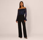 Long Sleeve Off Shoulder Metallic Combo Jumpsuit In Navy Black 3