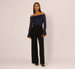 Long Sleeve Off Shoulder Metallic Combo Jumpsuit In Navy Black 2