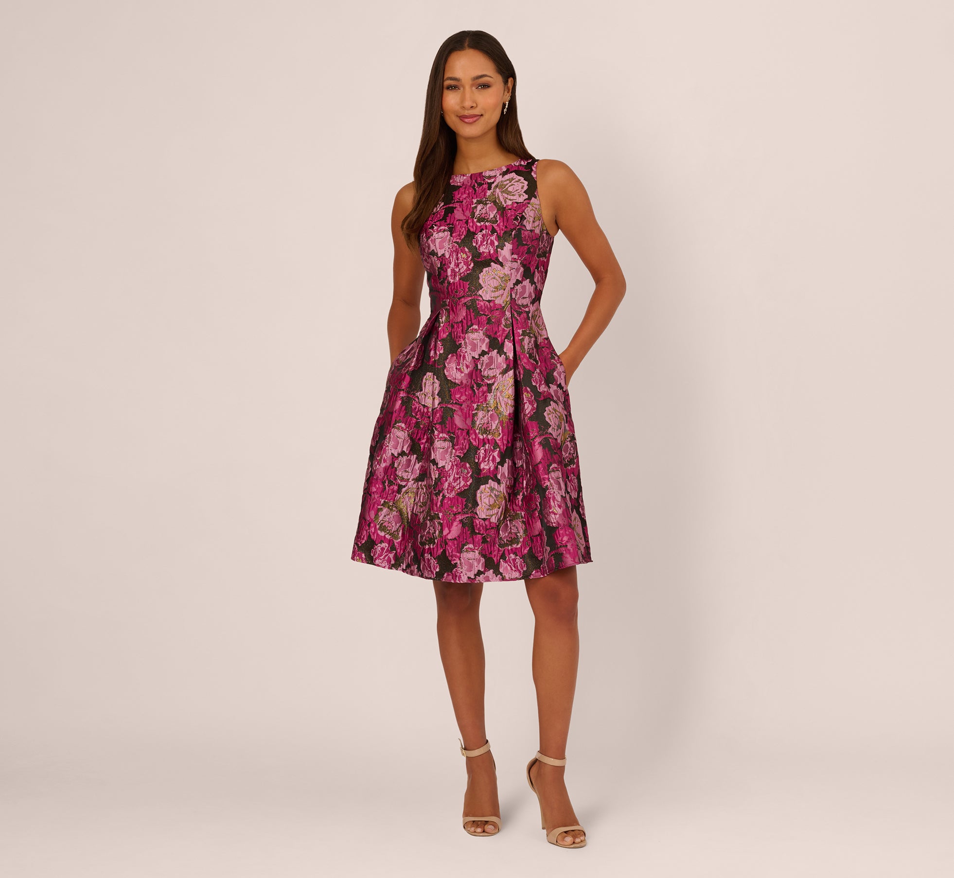 Multi Colored Rose Jacquard Envelope Back Dress - Adrianna Papell