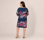 Plus Size Three Quarter Sleeve Floral Sheath Dress In Navy Pink Multi 5