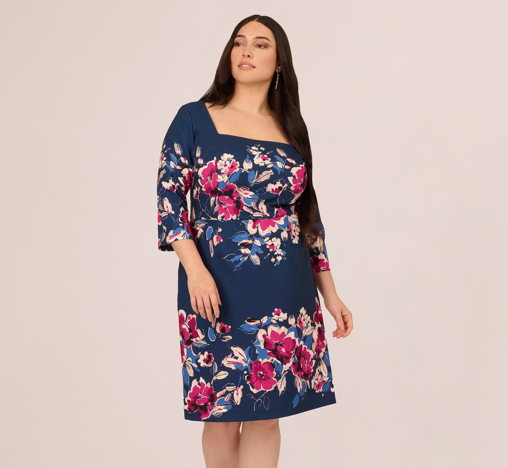 adrianna papell plus size dresses Three Quarter Sleeve Floral Sheath Dress In Navy Pink Multi day + moon CLASSIC FALL WEDDING AT seam pockets Lined 100% Size:XS-S