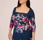 Plus Size Three Quarter Sleeve Floral Sheath Dress In Navy Pink Multi 3