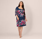 Plus Size Three Quarter Sleeve Floral Sheath Dress In Navy Pink Multi 7