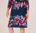 Plus Size Three Quarter Sleeve Floral Sheath Dress In Navy Pink Multi 4