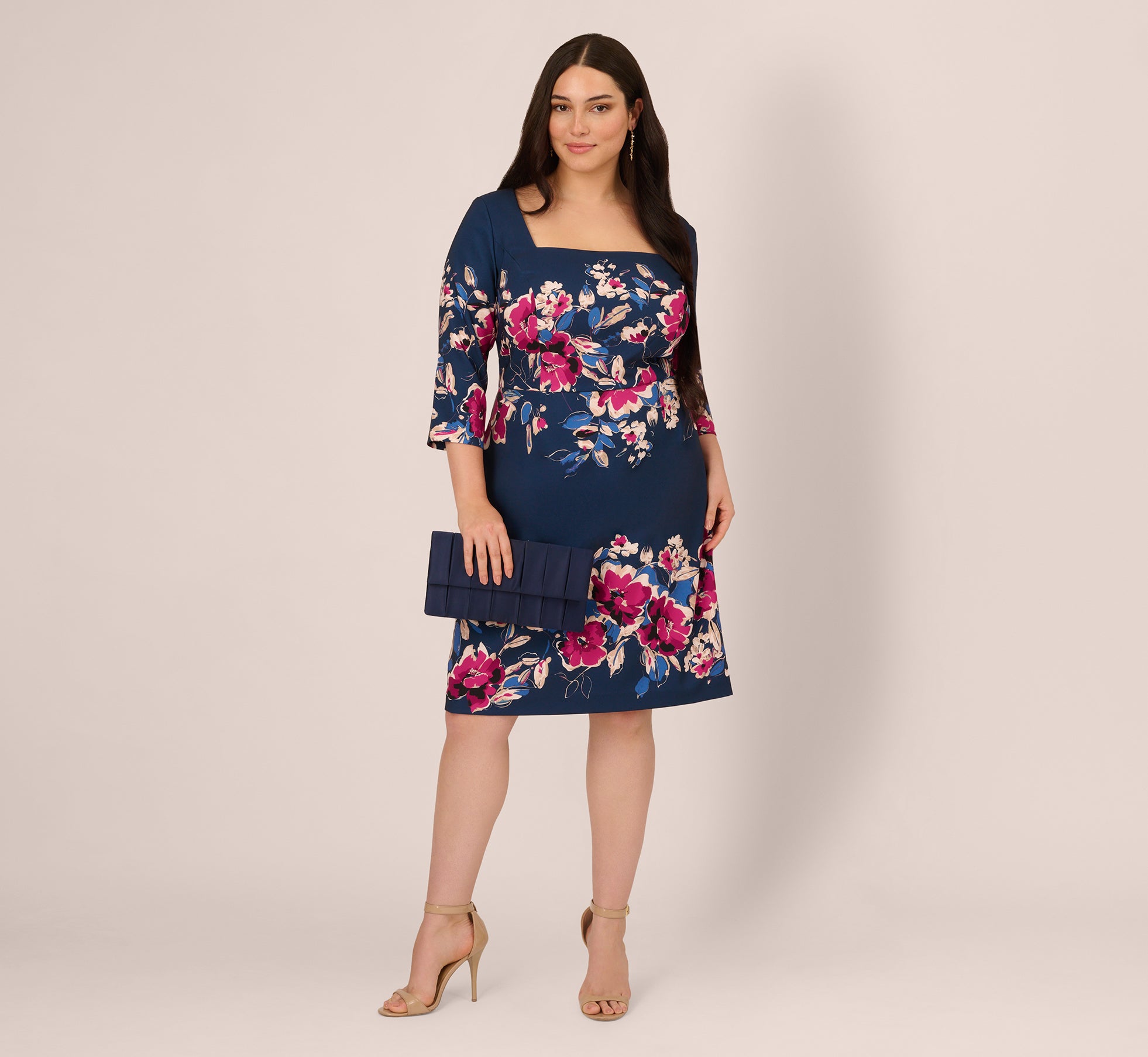 Plus Size Three Quarter Sleeve Floral Sheath Dress In Navy Pink Multi 1