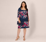 Plus Size Three Quarter Sleeve Floral Sheath Dress In Navy Pink Multi 1