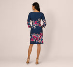 Three Quarter Sleeve Floral Sheath Dress In Navy Pink Multi 5