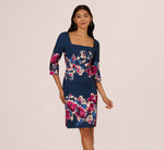Three Quarter Sleeve Floral Sheath Dress In Navy Pink Multi 2