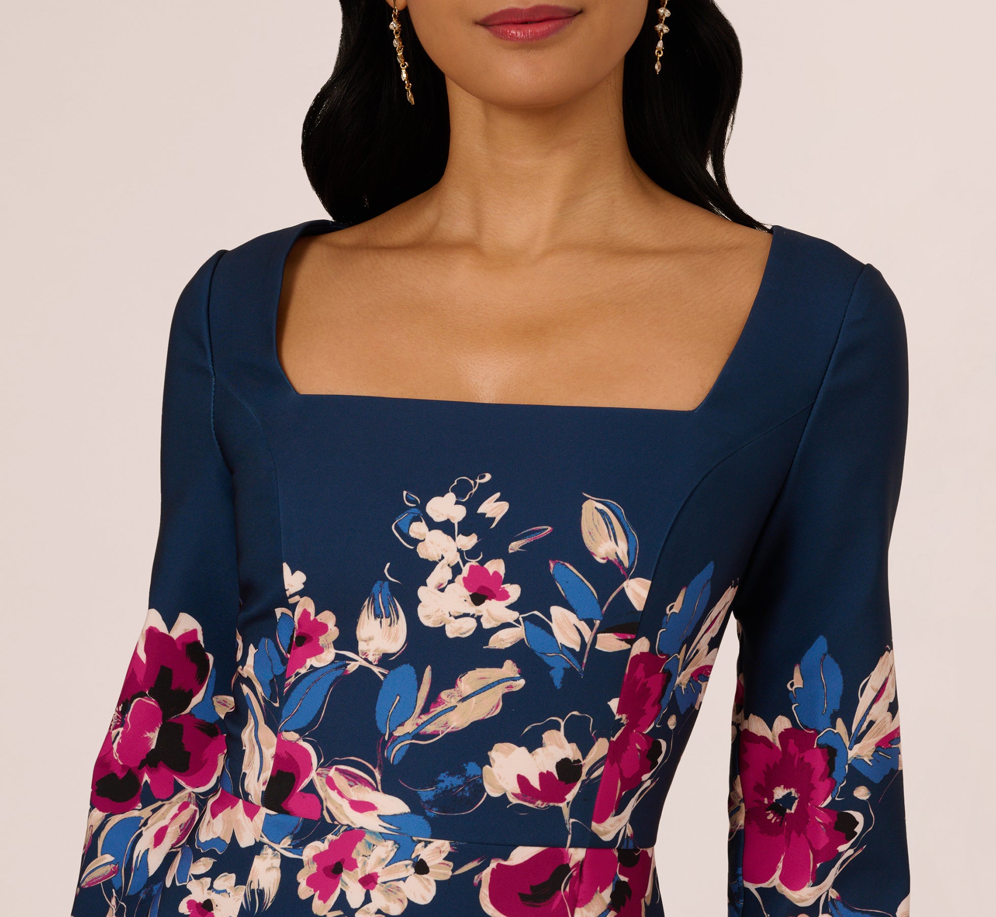 Multi Colored Three Quarter Sleeve Floral Sheath Dress