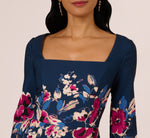 Three Quarter Sleeve Floral Sheath Dress In Navy Pink Multi 3