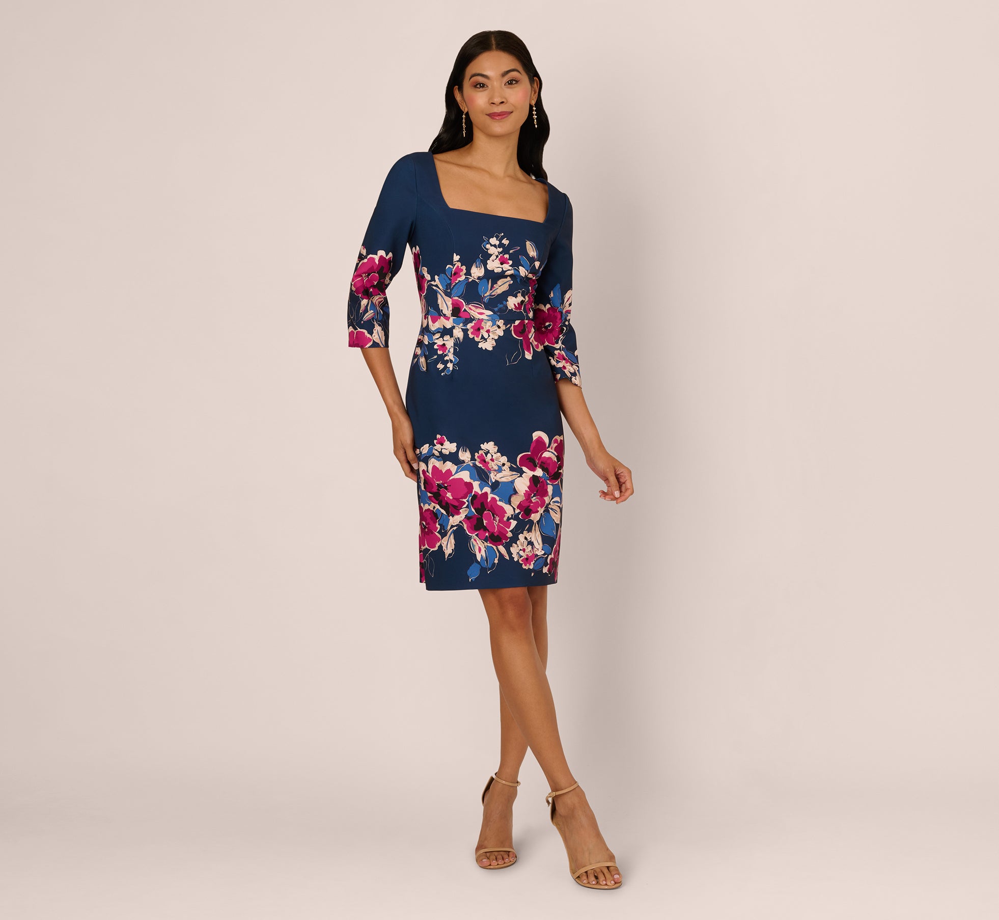 navy blue pink floral dress Adrianna Papell Women's Border Floral Midi Dress