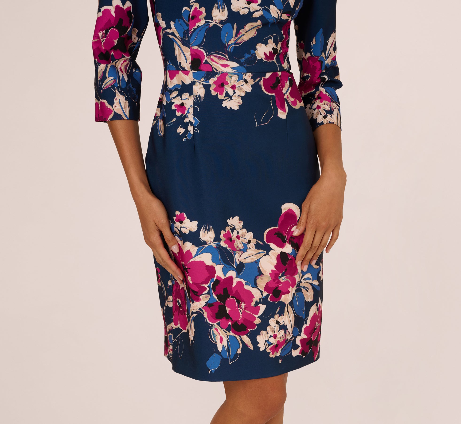 long sleeve blue floral dress Multi Colored Three Quarter Sleeve Floral Sheath Dress