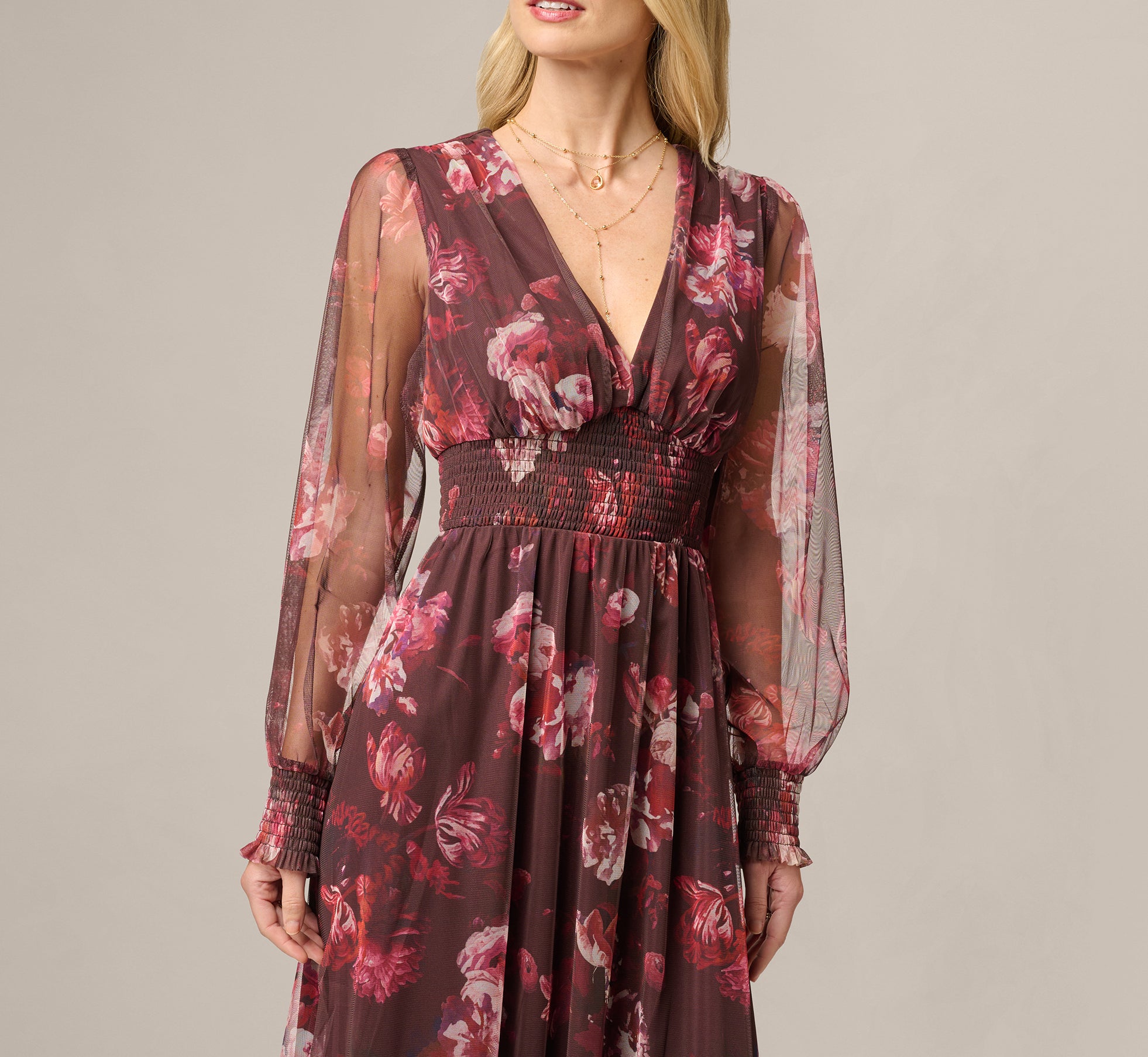burgundy floral print mesh short sleeve maxi dress Bishop Sleeve Floral Mesh Maxi Dress In Brown Multi, Brown Multi / Regular / XS