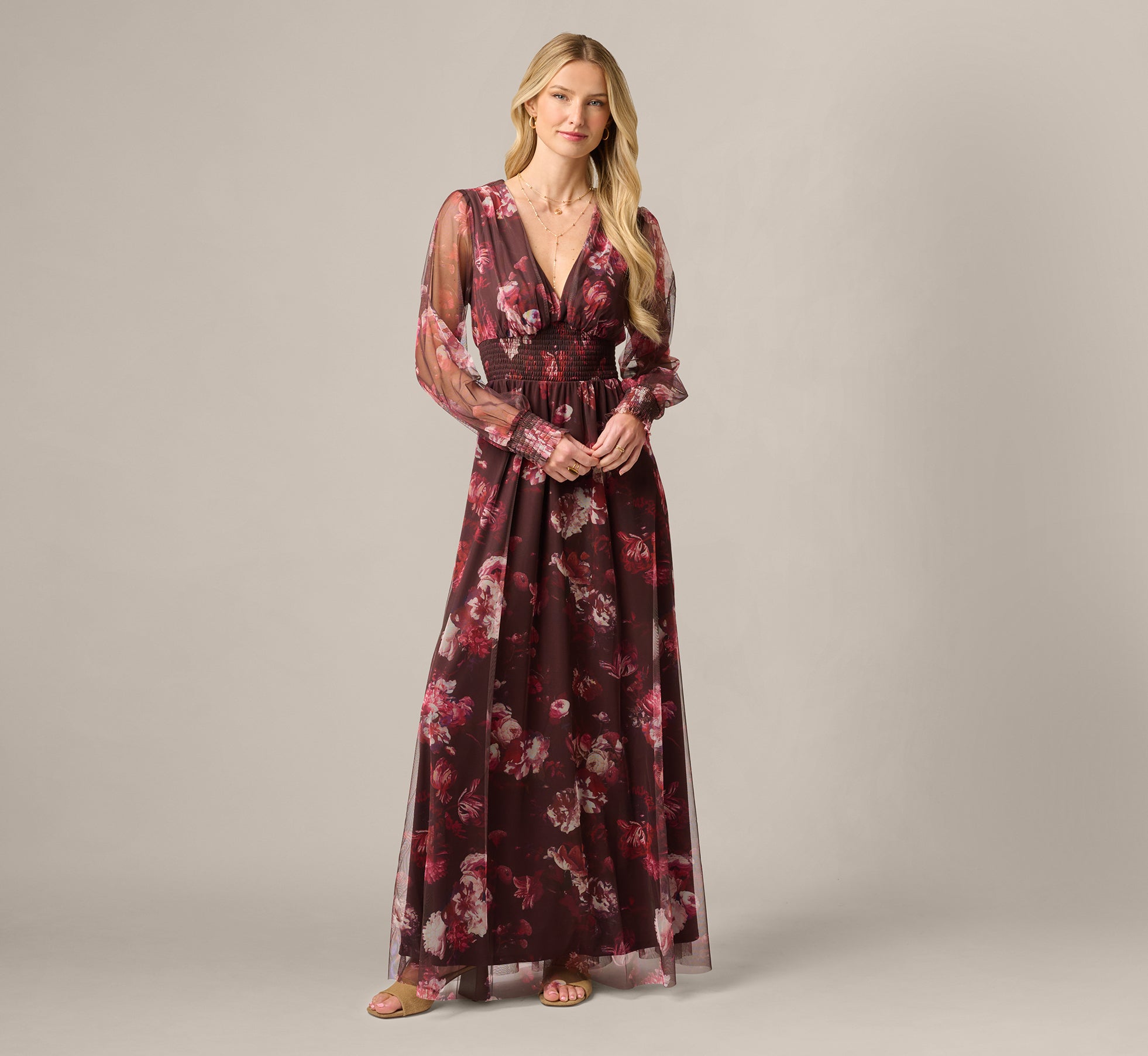 Bishop Sleeve Floral Mesh Maxi Dress In Brown Multi 1