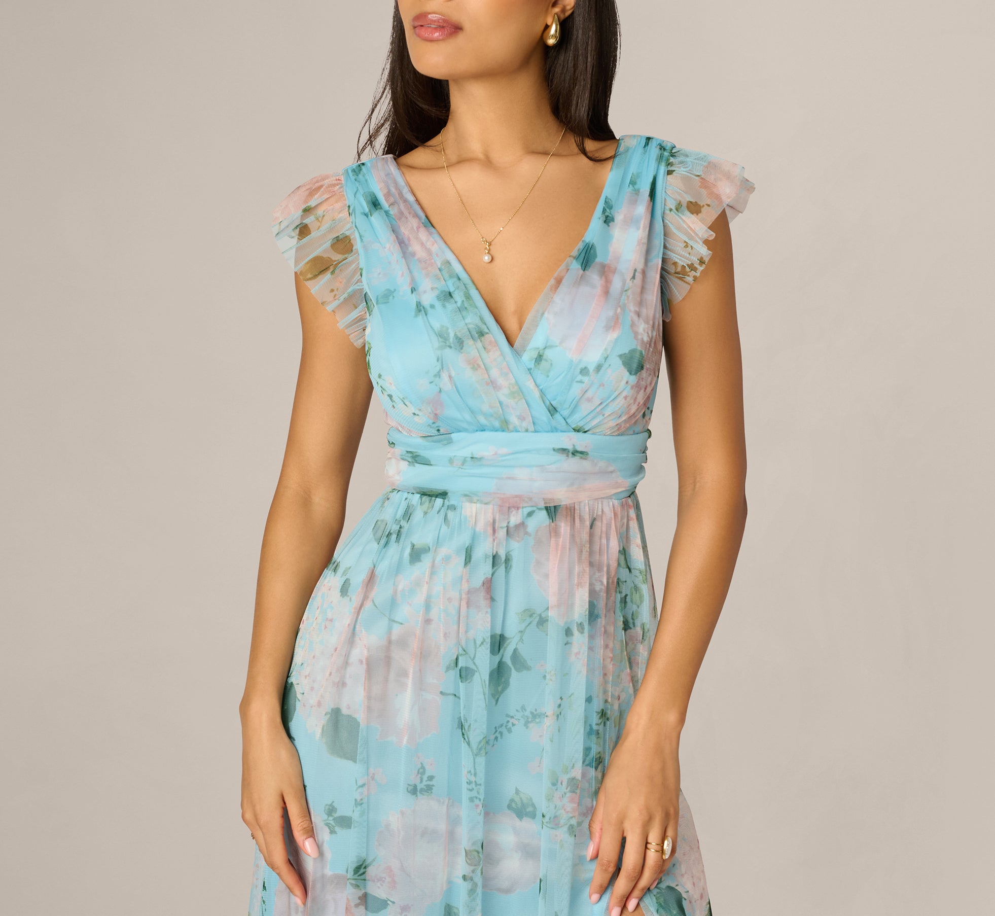 Blue Multi Flutter Sleeve Floral Tulle Maxi Dress