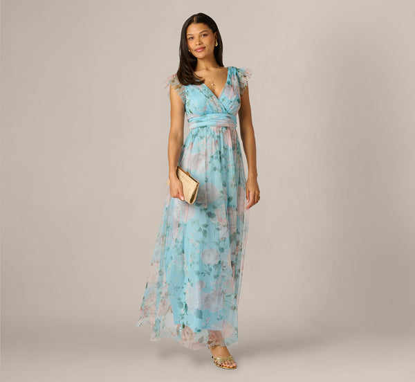 Flutter Sleeve Floral Tulle Maxi Dress In Blue Multi, Blue Multi / Regular / XS Flutter Sleeve Floral Tulle Maxi Dress In Blue Multi, Blue Multi / Regular / XS