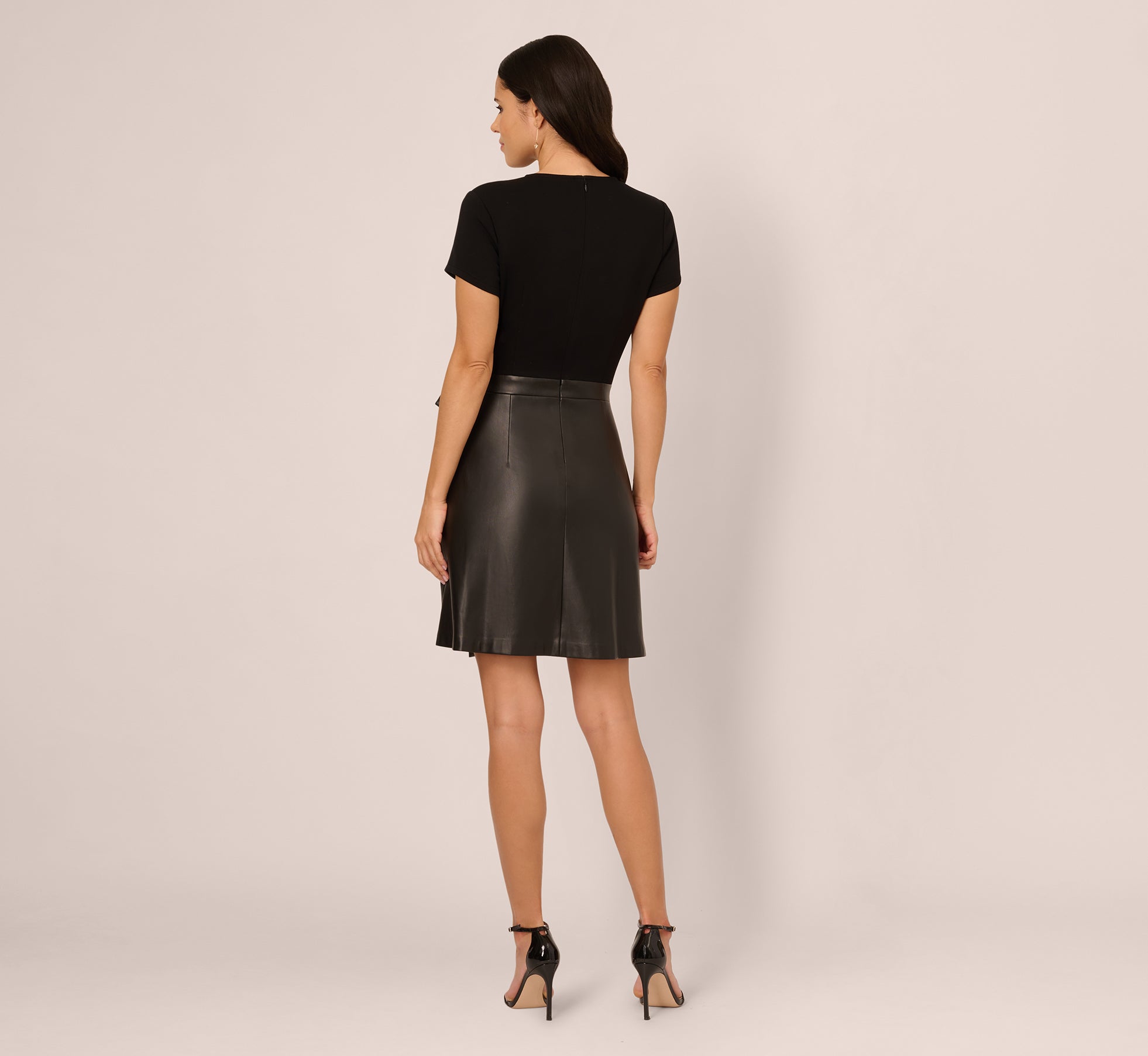 chinese dress ladies Short Sleeve Faux Leather Combo Skater Dress In Black