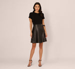 Short Sleeve Faux Leather Combo Skater Dress In Black 3