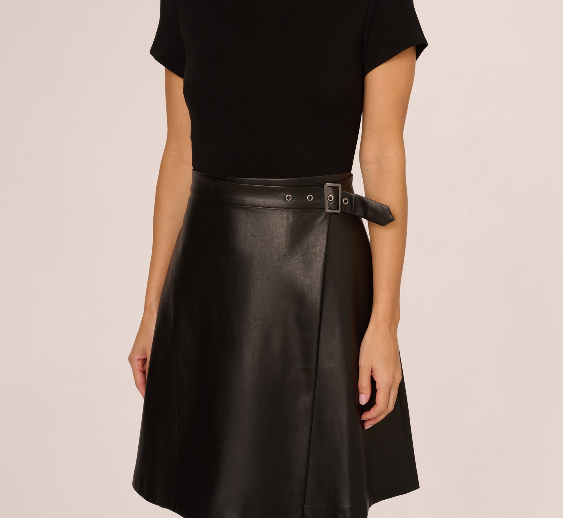 Black Short Sleeve Faux Leather Combo Skater Dress