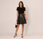 Short Sleeve Faux Leather Combo Skater Dress In Black 2