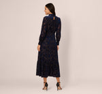 Long Sleeve Floral Velvet Burnout Midi Dress In Light Navy 5