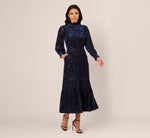 Long Sleeve Floral Velvet Burnout Midi Dress In Light Navy 2