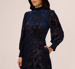 Long Sleeve Floral Velvet Burnout Midi Dress In Light Navy 3