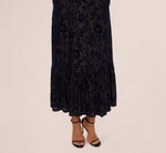Long Sleeve Floral Velvet Burnout Midi Dress In Light Navy 4