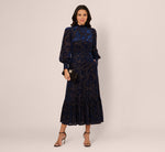 Long Sleeve Floral Velvet Burnout Midi Dress In Light Navy 1