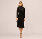 Long Sleeve Damask Burnout Velvet Midi Dress In Black 1