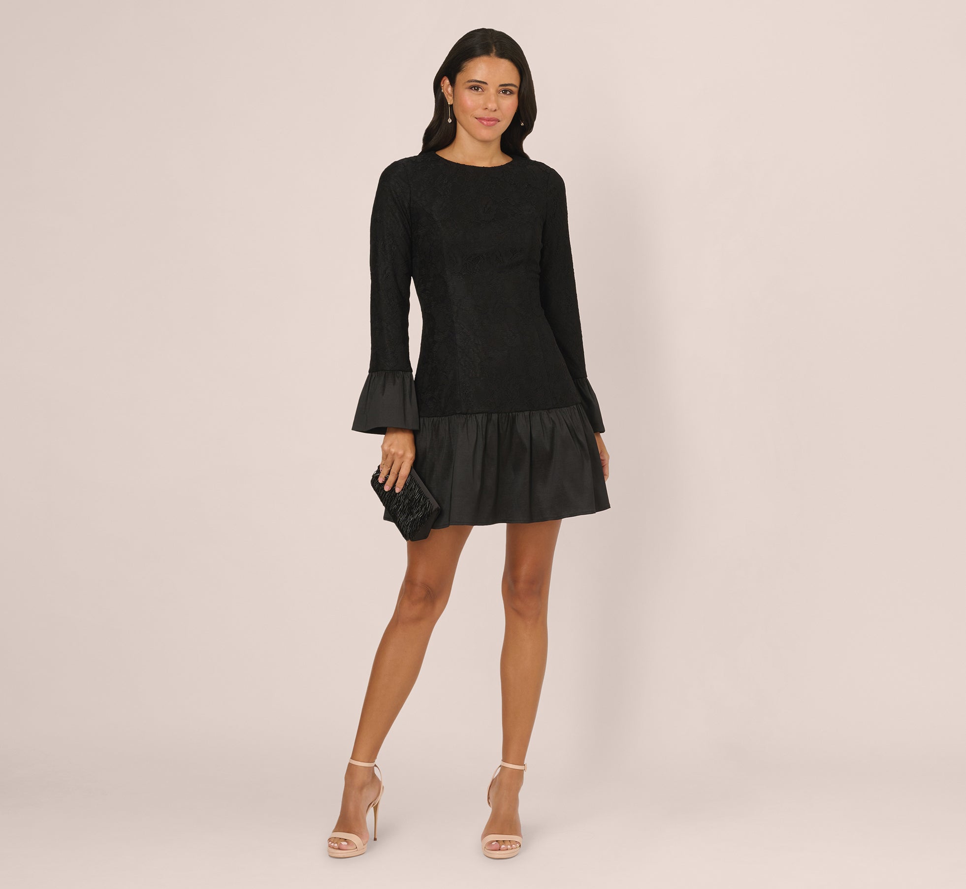 Long Sleeve Drop Waist Lace Dress In Black 1