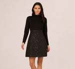 Long Sleeve Sequin Tweed Short Combo Dress In Black 2