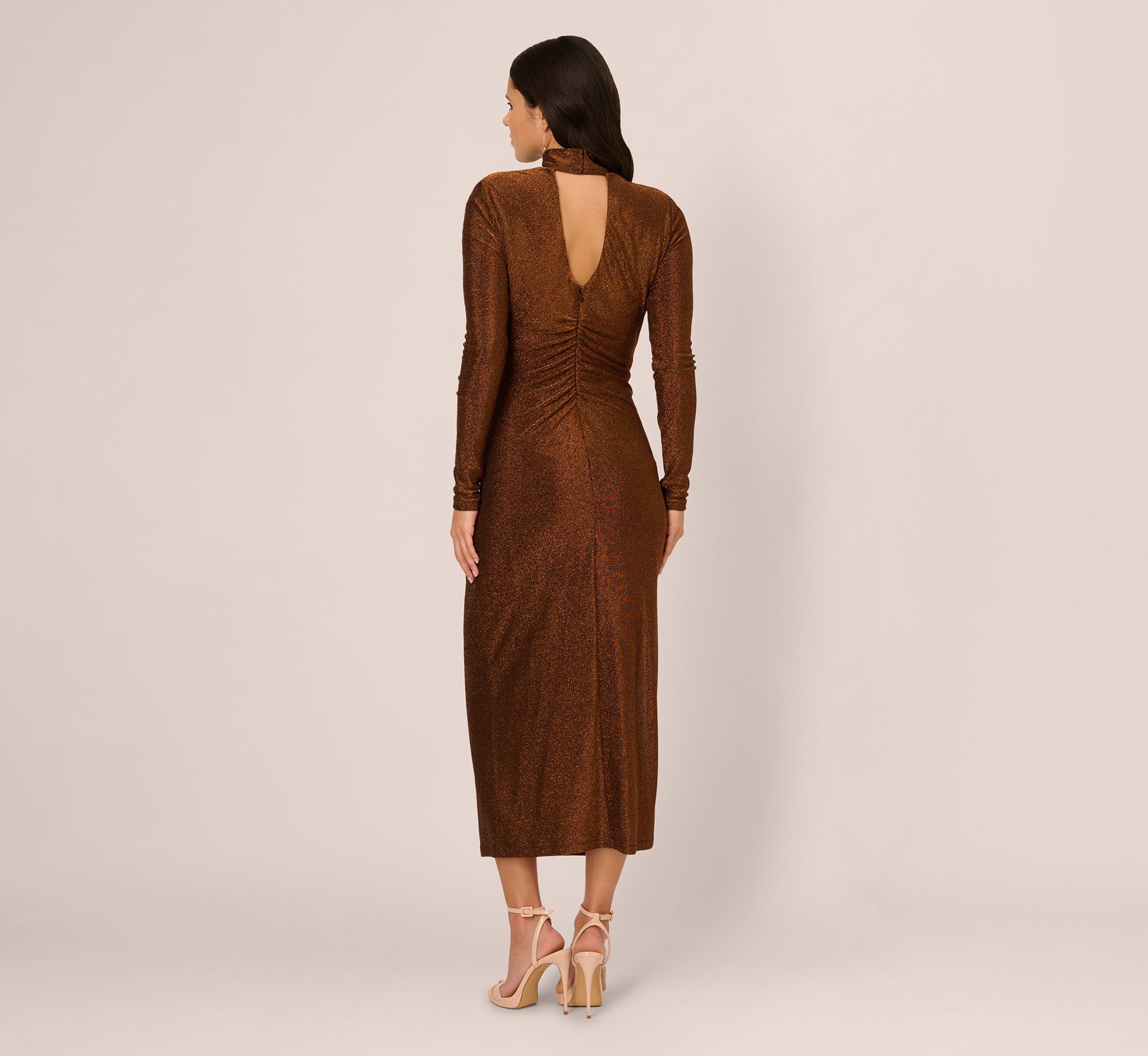 Long Sleeve Shimmer Knit Midi Dress in Bronze Black Long Sleeve Shimmer Knit Midi Dress in Bronze Black