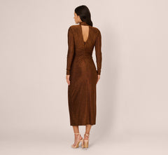 Long Sleeve Shimmer Knit Midi Dress In Bronze Black