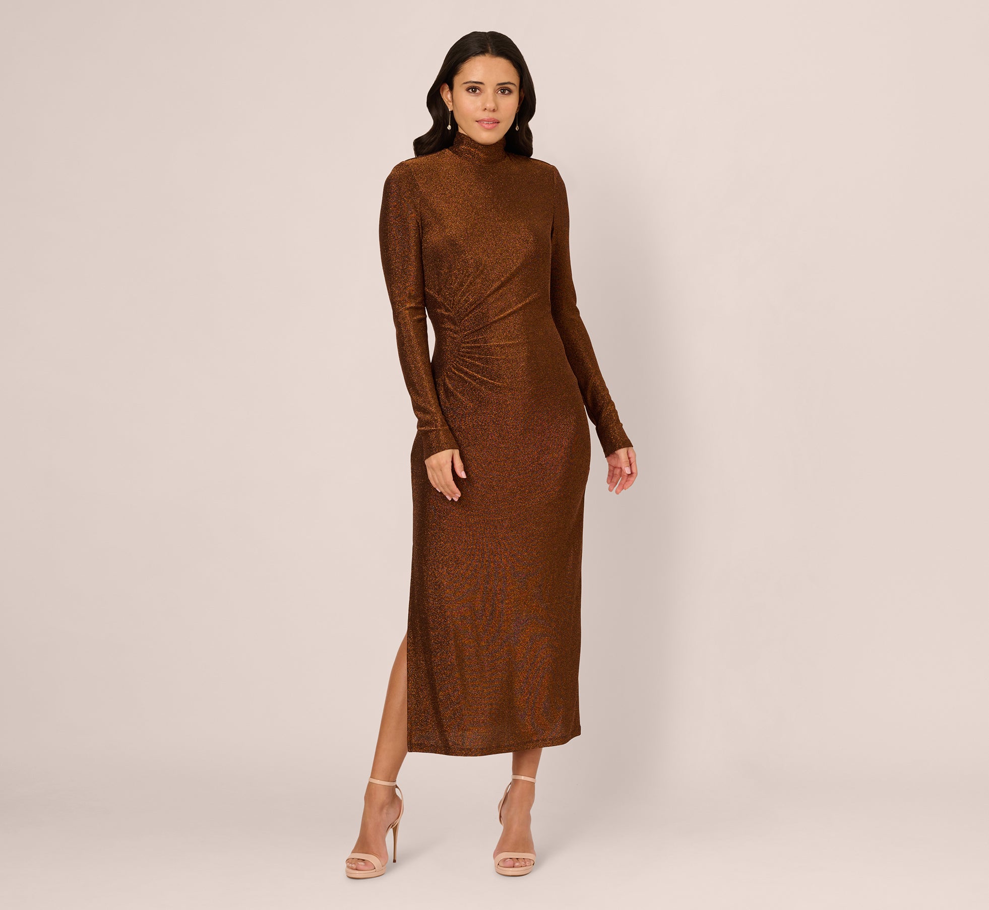 Brown Long Sleeve Shimmer Knit Midi Dress