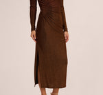 Long Sleeve Shimmer Knit Midi Dress In Bronze Black 4