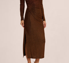 Long Sleeve Shimmer Knit Midi Dress In Bronze Black
