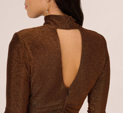 Long Sleeve Shimmer Knit Midi Dress In Bronze Black