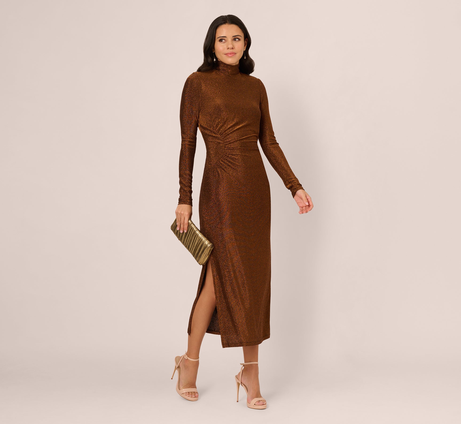 Brown Long Sleeve Shimmer Knit Midi Dress - Adrianna Papell Brown Long Sleeve Shimmer Knit Midi Dress - Adrianna Papell