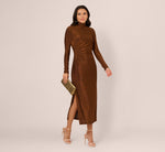 Long Sleeve Shimmer Knit Midi Dress In Bronze Black 2