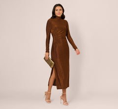Long Sleeve Shimmer Knit Midi Dress In Bronze Black
