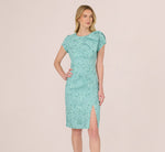 Cap Sleeve Floral Jacquard Bow Midi Dress In Teal 3