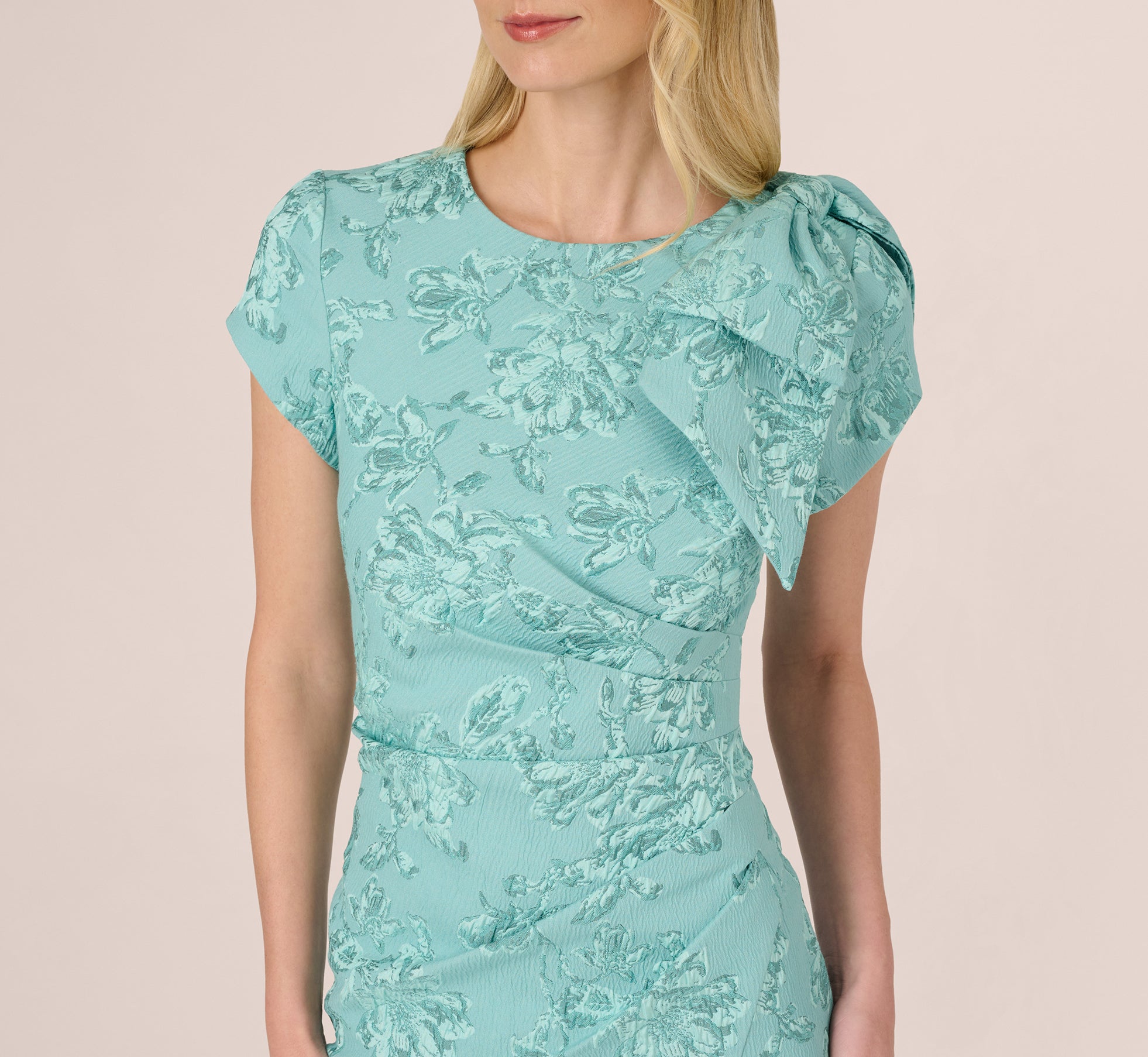 chinese dress ladies Cap Sleeve Floral Jacquard Bow Midi Dress In Teal
