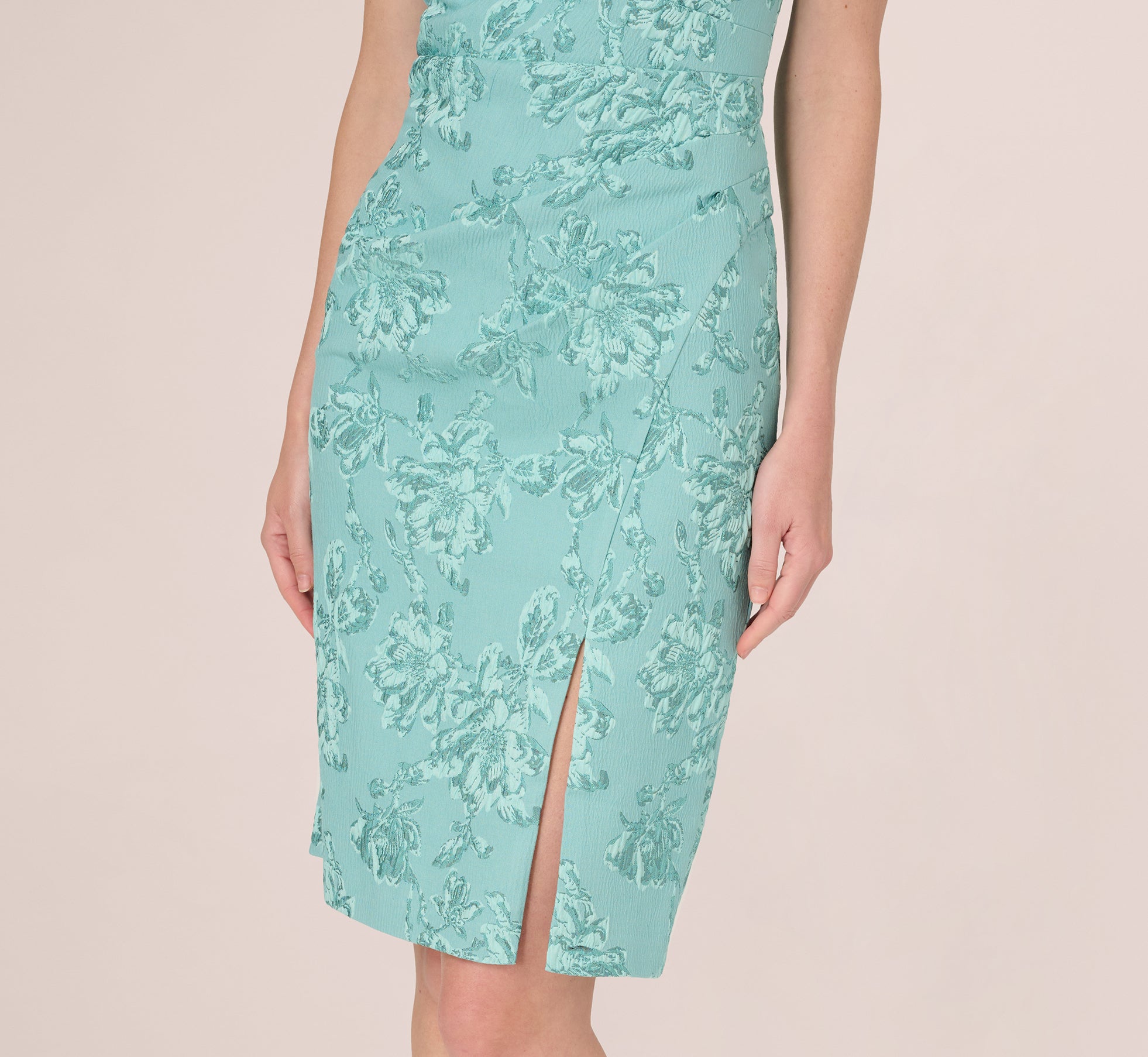 Teal Cap Sleeve Floral Jacquard Bow Midi Dress
