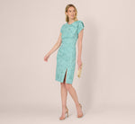 Cap Sleeve Floral Jacquard Bow Midi Dress In Teal 2